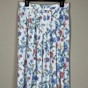 Jaclyn Smith Vintage Cream Blue Pleated Floral Midi Pull On Skirt; Size 16P